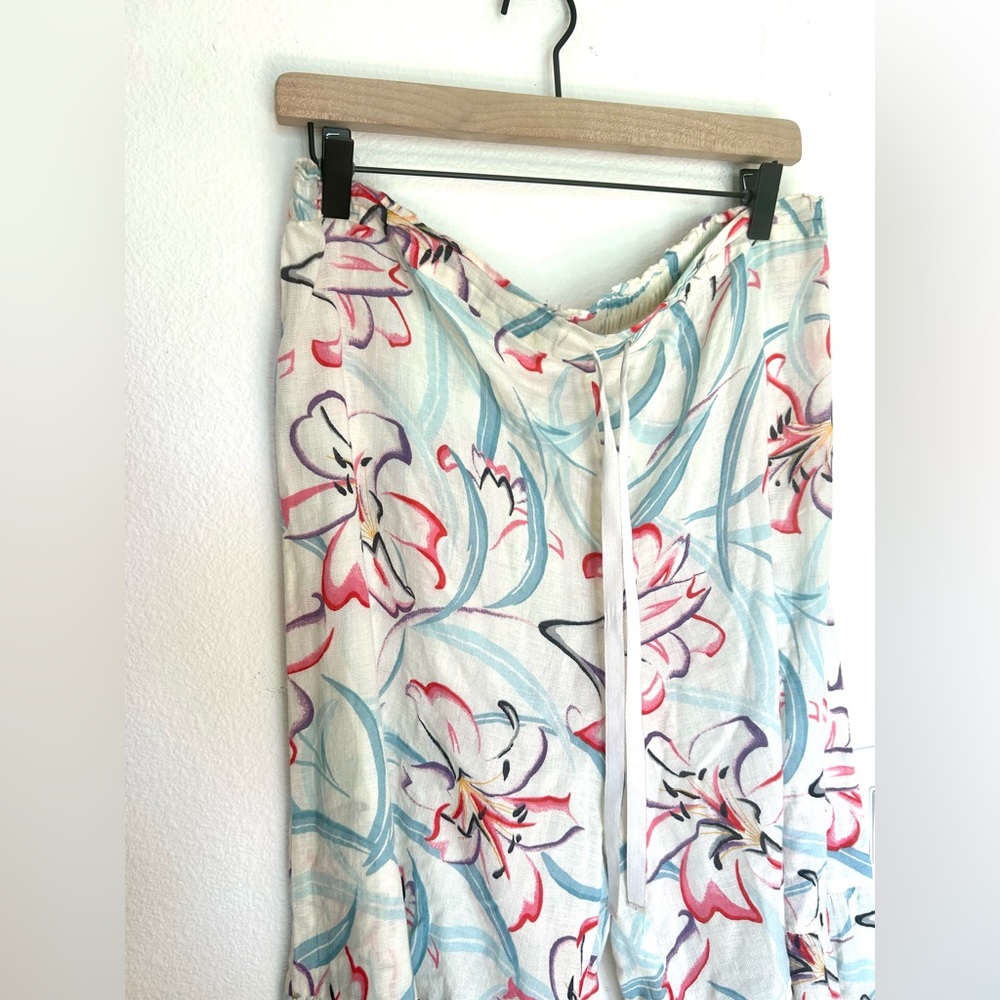 Anthropologie Ruffled Wide-Leg Pull-On Tropical Orchid 100% Cotton Flowy Pants - Picture 5 of 8